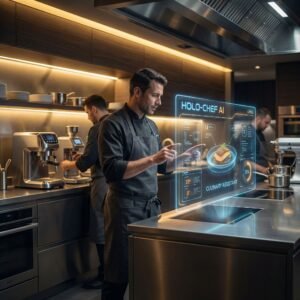 Chef working with AI holographic interface
