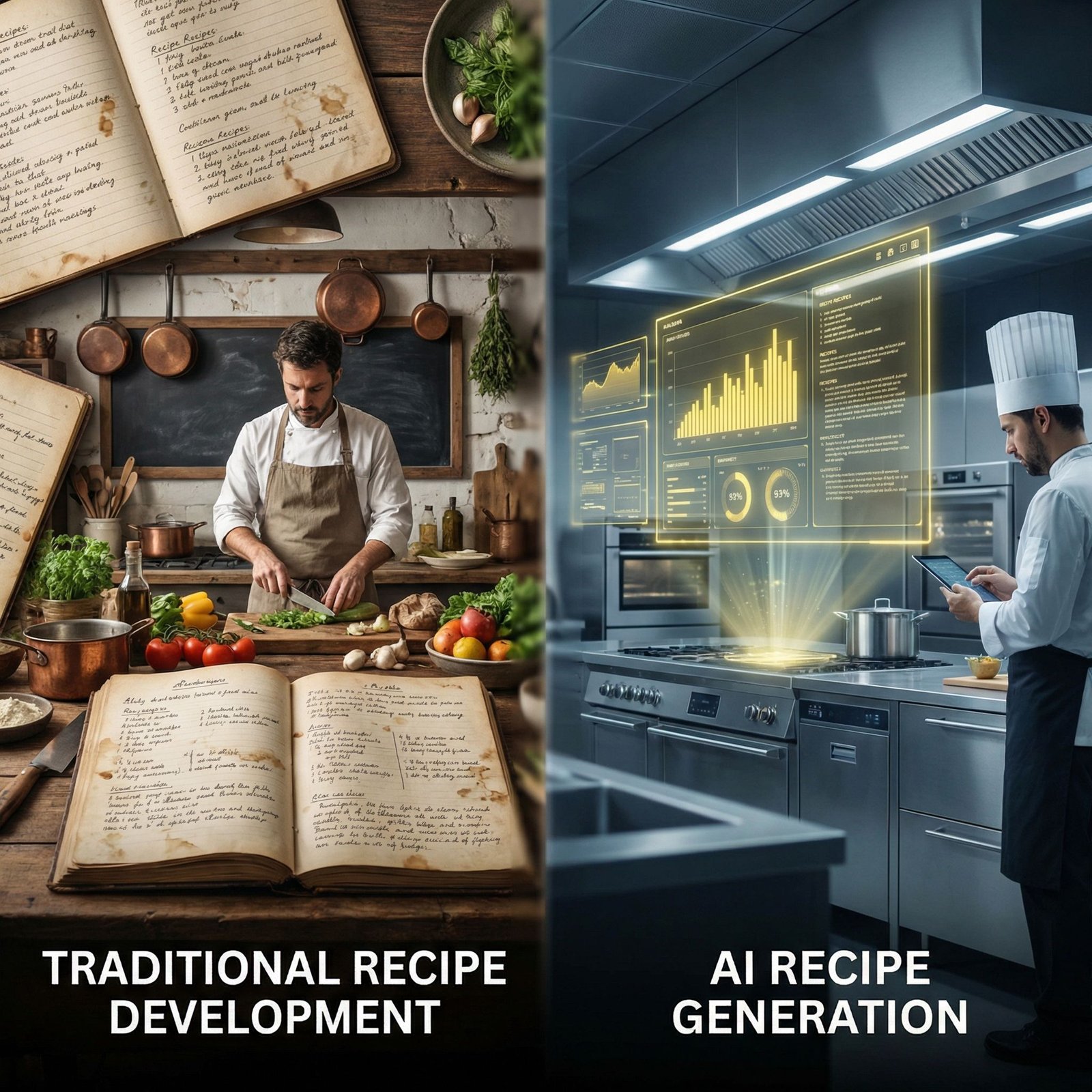 Traditional recipe development process with handwritten notes and kitchen preparation