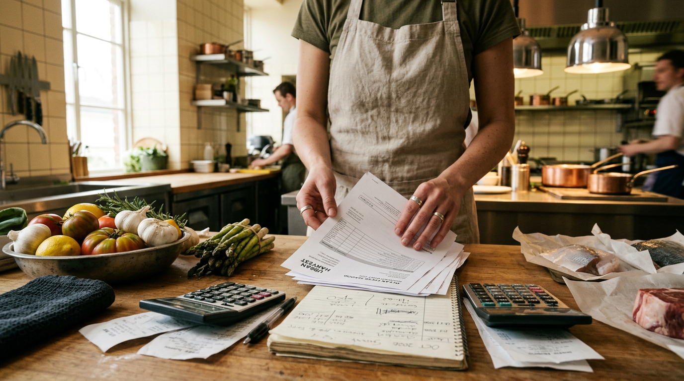 Hands organizing supplier invoices next to fresh produce on commercial kitchen counter