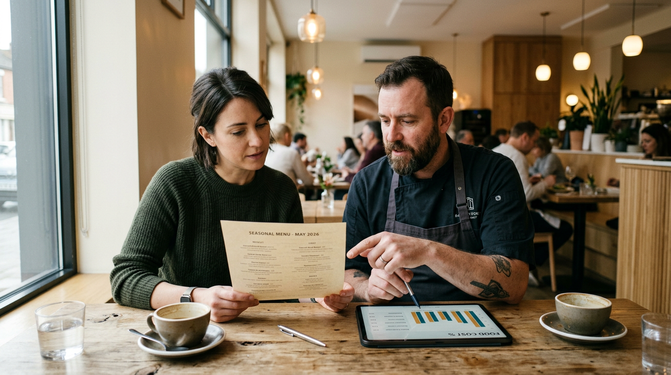 Restaurant manager and chef reviewing menu with food cost percentages on tablet