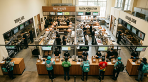 Modern cloud kitchen facility with multiple cooking stations for different brands