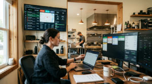 Ghost kitchen command center with multiple screens showing order management and analytics dashboards