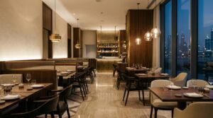 Contemporary restaurant interior in Dubai, representing the local hospitality scene